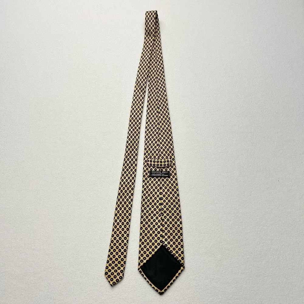 Stefano Ricci Gold Pure Silk Luxury Tie w Black‎ Circles Made in Italy